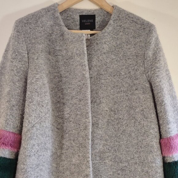 Helene London Wool Colorblock Stripe Coat Lined Boho Faux Fur Size Large  EUC - Picture 3 of 8